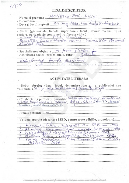 M-1303-1 - Fisa de scriitor VASILESCU EMIL LUCIU